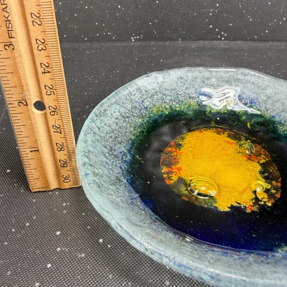 Handmade Fused Glass Bowl Dish Blue Yellow Green Celestial Art Glass Catchall